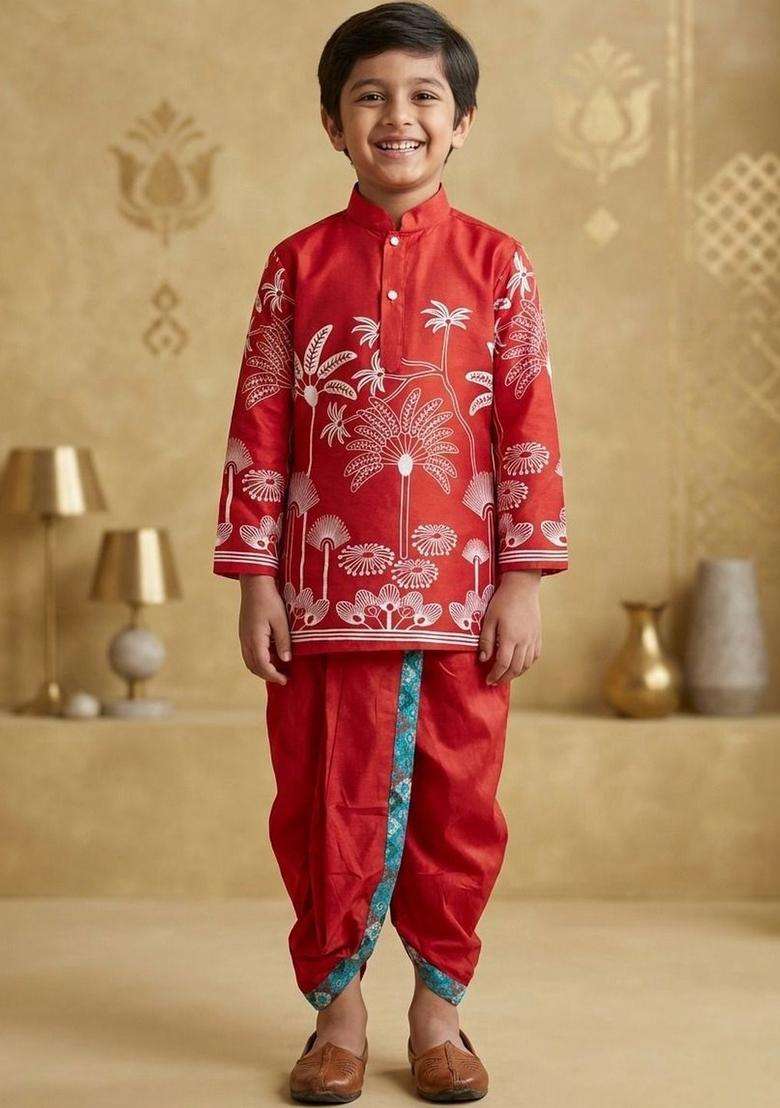 Red Printed Silk Kurta Set For Boys - Indya