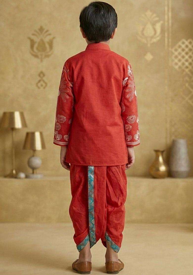 Red Printed Silk Kurta Set For Boys - Indya