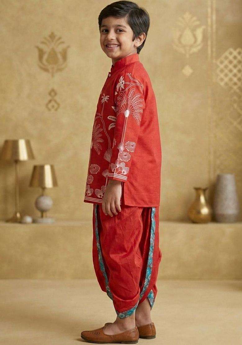 Red Printed Silk Kurta Set For Boys - Indya