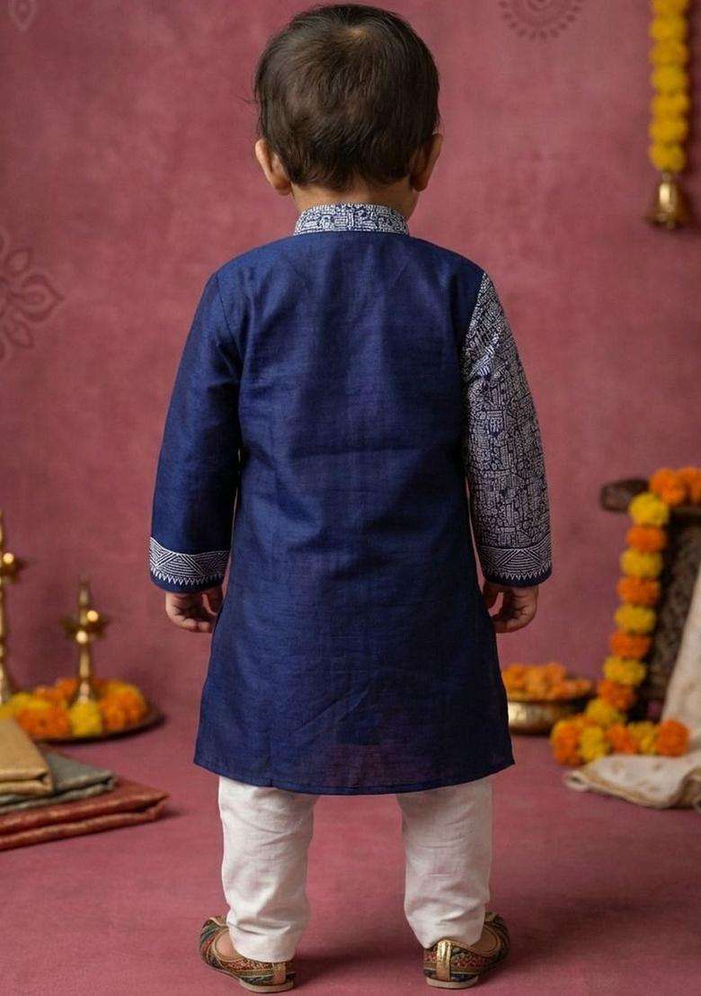 Navy Blue Printed Silk Kurta Set For Boys - Indya