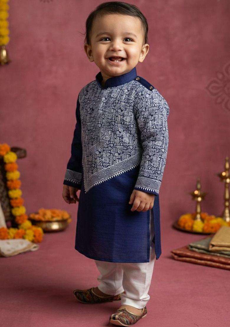 Navy Blue Printed Silk Kurta Set For Boys - Indya