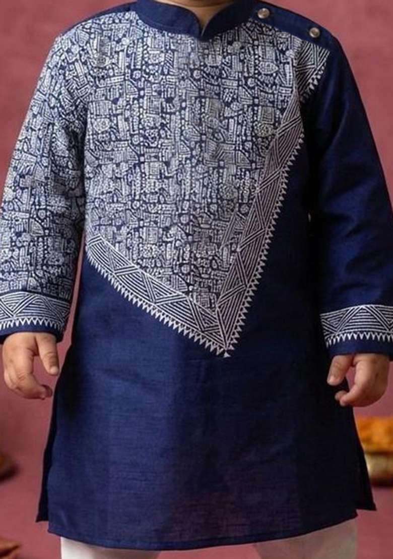Navy Blue Printed Silk Kurta Set For Boys - Indya
