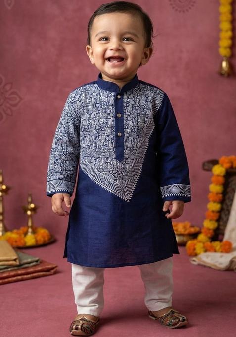 Navy Blue Printed Silk Kurta Set For Boys