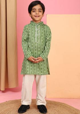 Olive Printed Cotton Kurta Set For Boys
