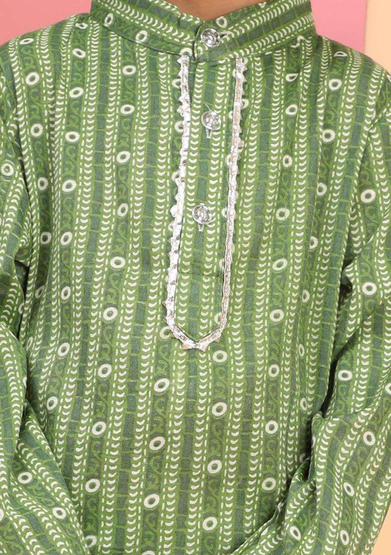 Olive Printed Cotton Kurta Set For Boys - Indya