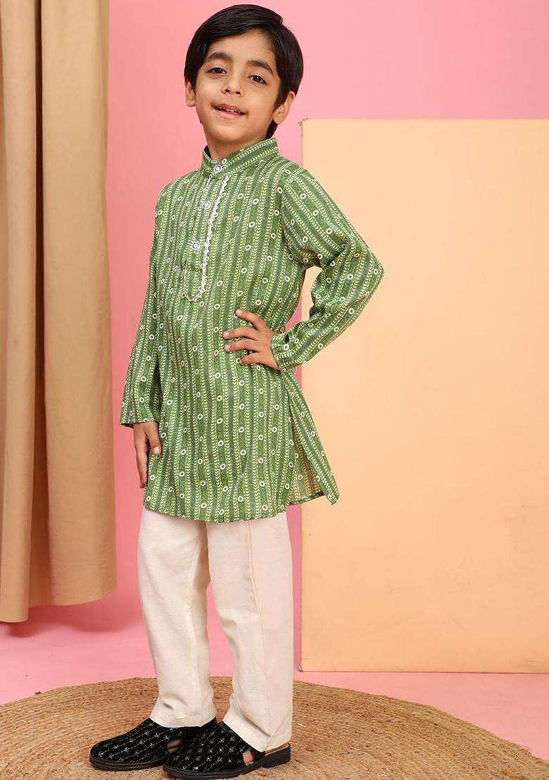 Olive Printed Cotton Kurta Set For Boys - Indya