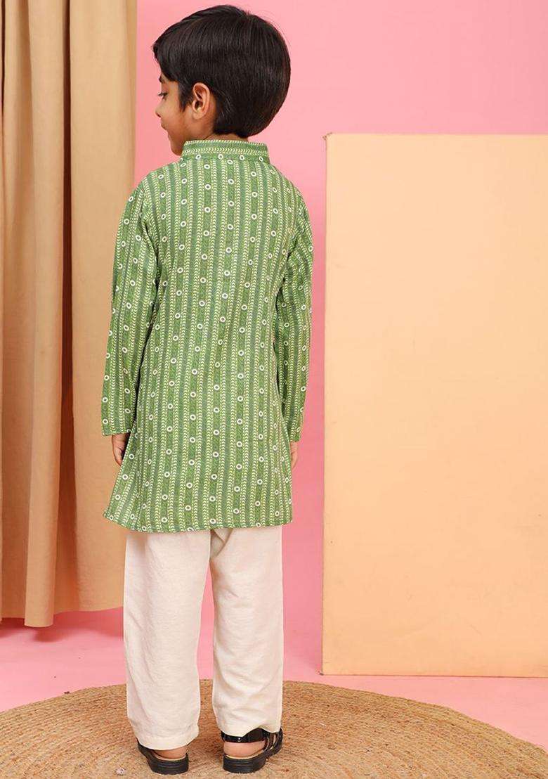 Olive Printed Cotton Kurta Set For Boys - Indya