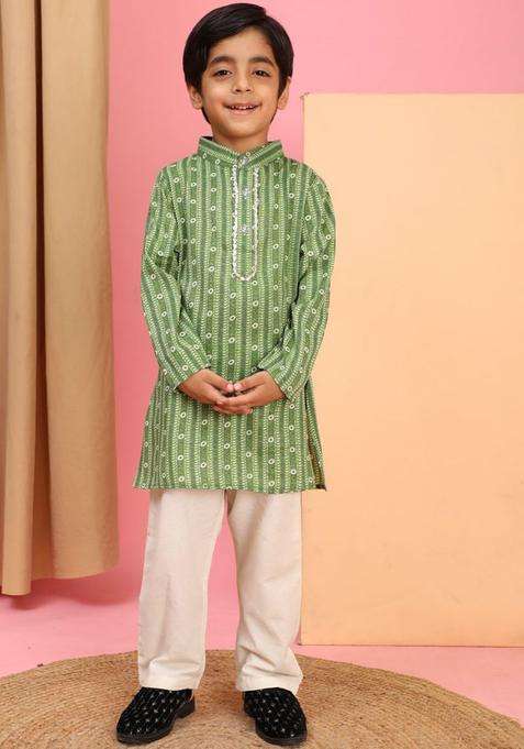 Olive Printed Cotton Kurta Set For Boys