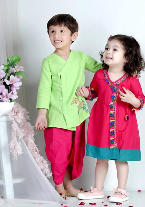 Green Solid Cotton Kurta Set For Boys — view on Indya