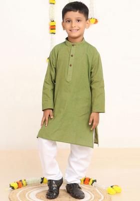 Olive Solid Cotton Kurta Set For Boys