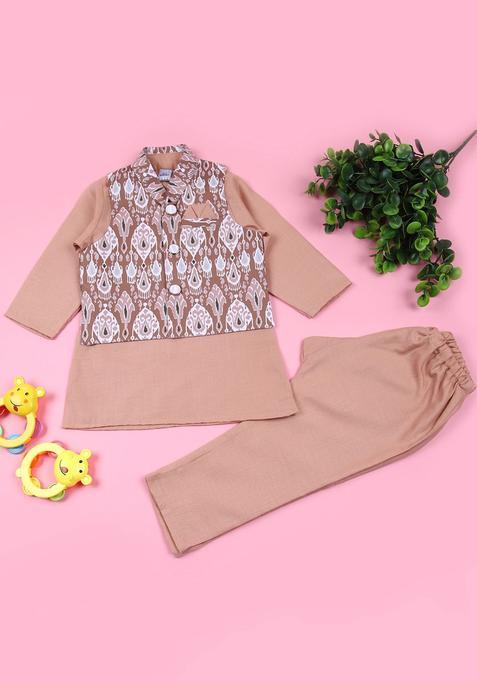 Beige Solid Polyester Kurta Set For Boys — view on Indya