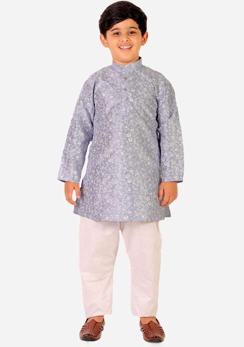 Grey Printed Silk Kurta Set For Boys - Indya