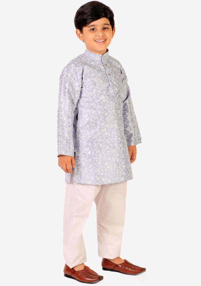Grey Printed Silk Kurta Set For Boys - Indya