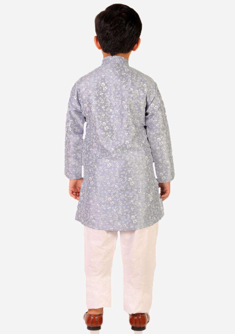 Grey Printed Silk Kurta Set For Boys - Indya