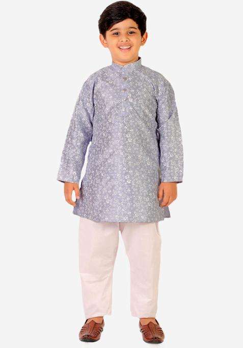 Grey Printed Silk Kurta Set For Boys