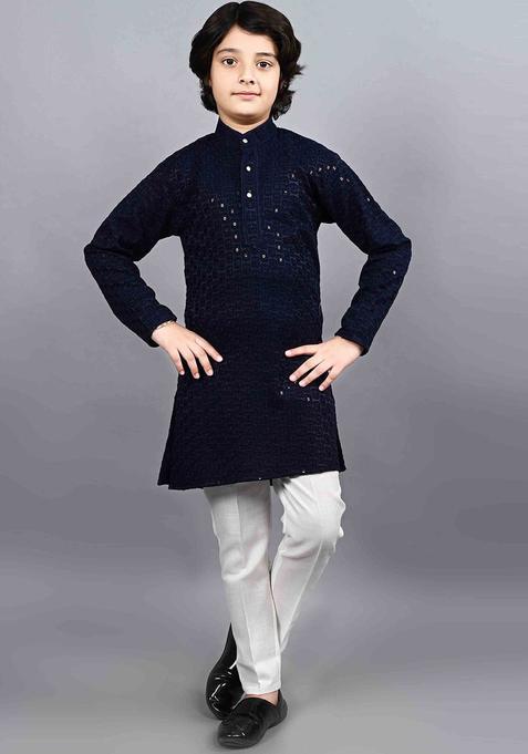 Navy Blue Embroidered Cotton Kurta Set For Boys — view on Indya