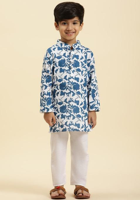 White Printed Cotton Kurta Set For Boys — view on Indya