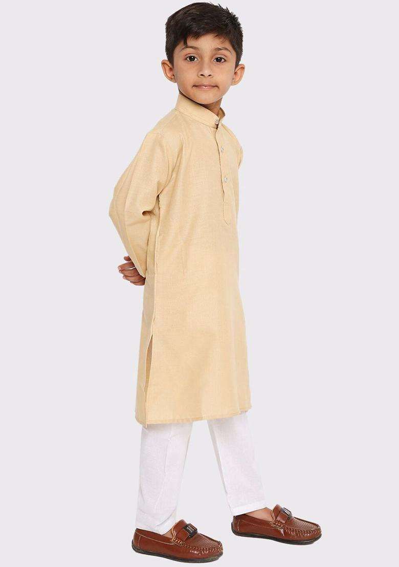 Khaki Solid Cotton Kurta Set For Boys - Indya