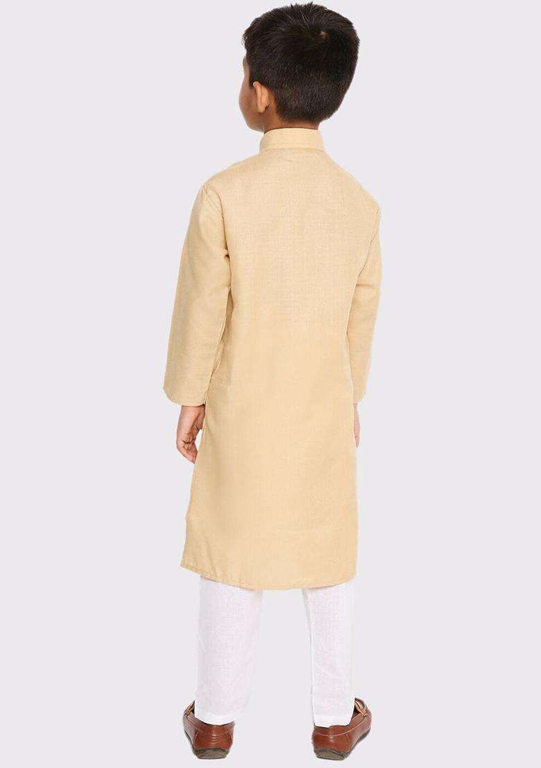 Khaki Solid Cotton Kurta Set For Boys - Indya