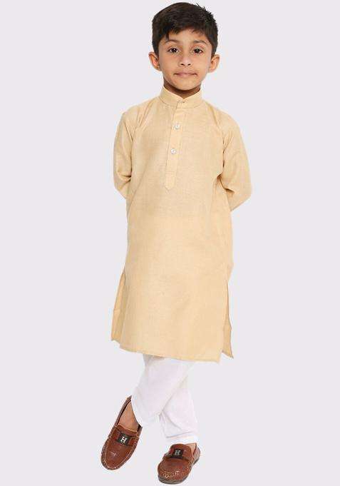 Khaki Solid Cotton Kurta Set For Boys