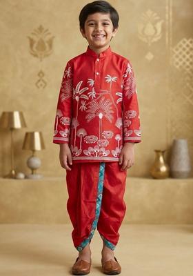 Red Printed Silk Kurta Set For Boys