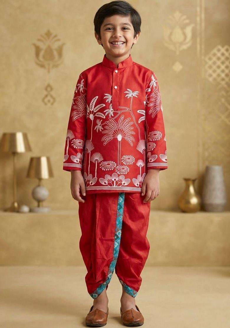 Red Printed Silk Kurta Set For Boys - Indya