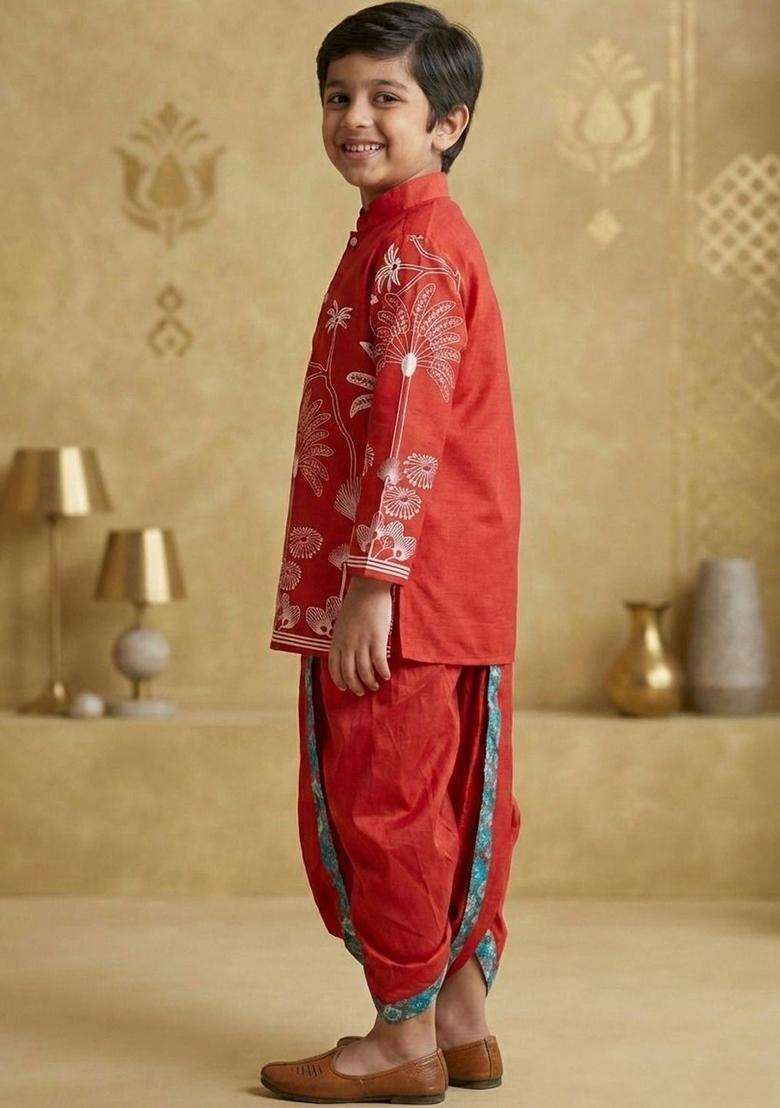 Red Printed Silk Kurta Set For Boys - Indya