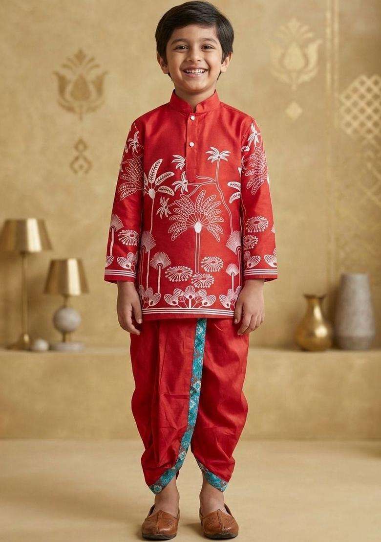 Red Printed Silk Kurta Set For Boys - Indya
