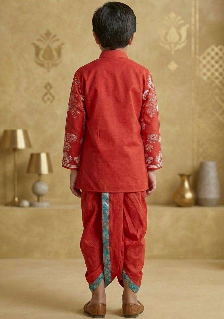 Red Printed Silk Kurta Set For Boys - Indya