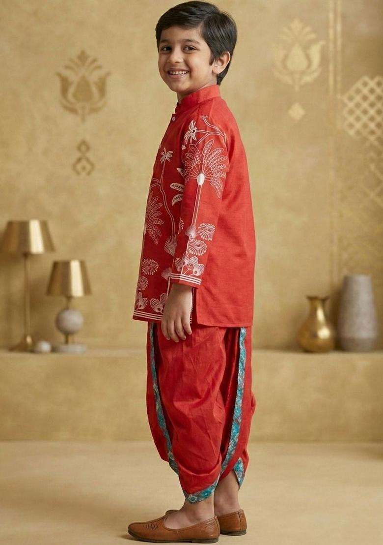 Red Printed Silk Kurta Set For Boys - Indya
