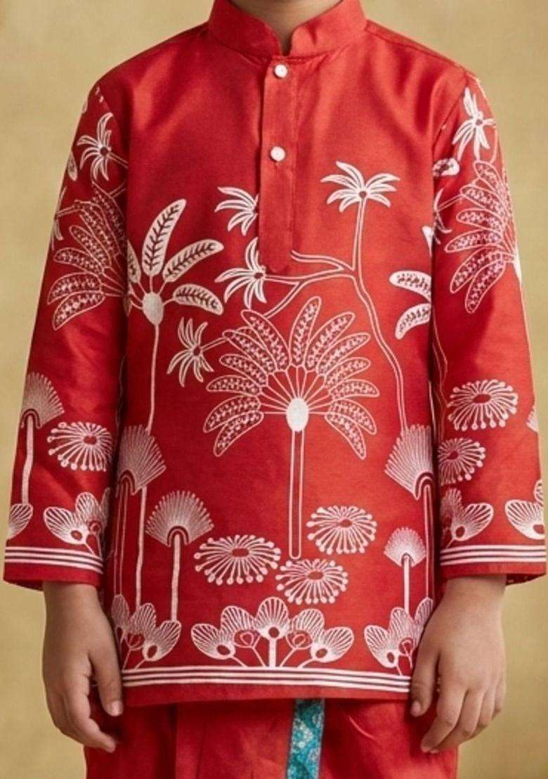 Red Printed Silk Kurta Set For Boys - Indya
