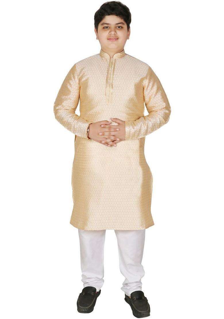 Gold Woven Design Silk Kurta Set For Boys - Indya