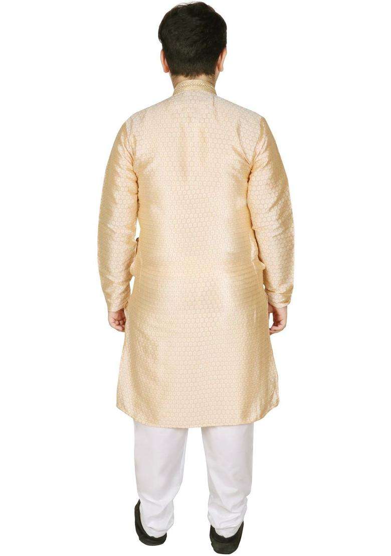 Gold Woven Design Silk Kurta Set For Boys - Indya