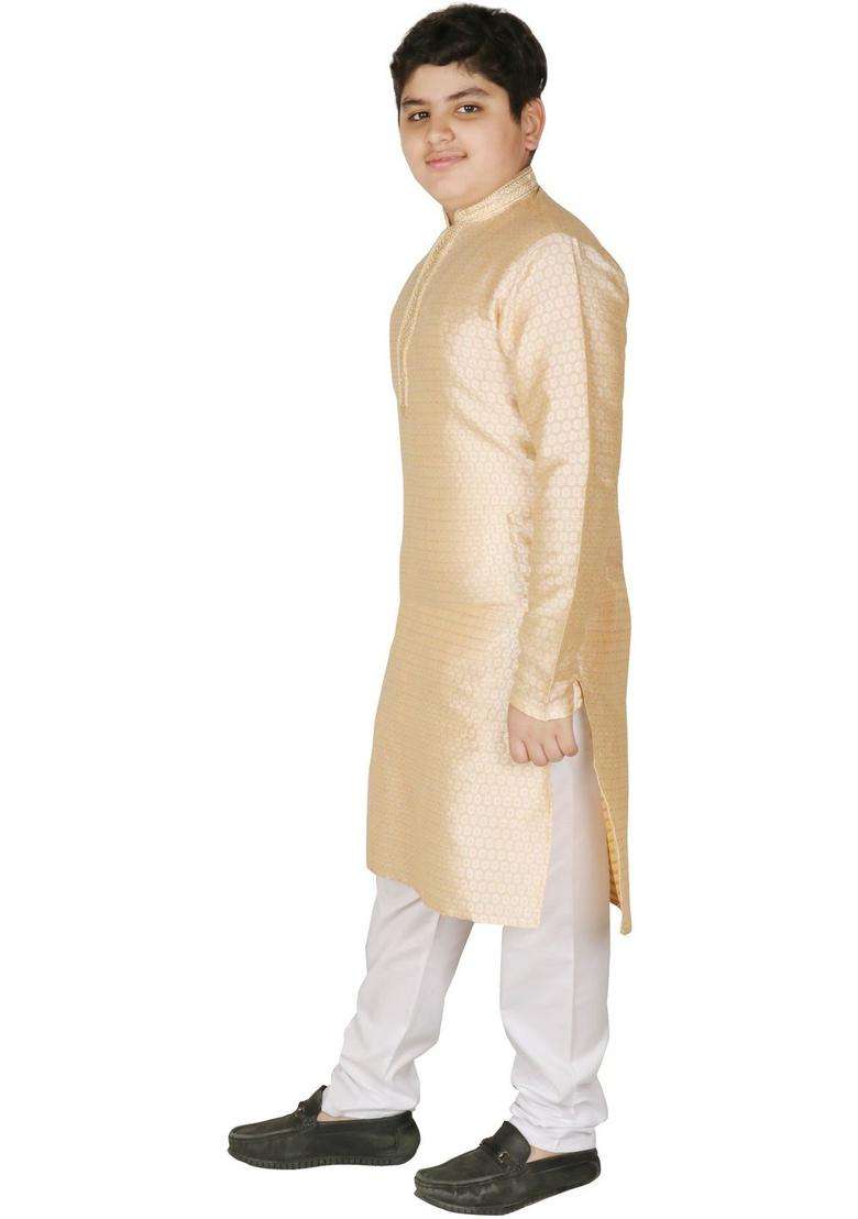 Gold Woven Design Silk Kurta Set For Boys - Indya