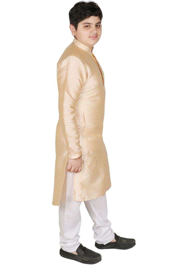 Gold Woven Design Silk Kurta Set For Boys - Indya