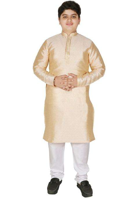Gold Woven Design Silk Kurta Set For Boys