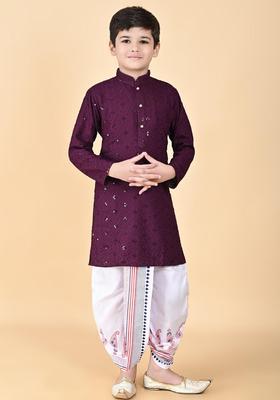 Purple Embroidered Viscose Kurta Set For Boys