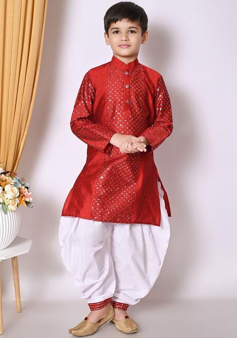 Maroon Embroidered Silk Kurta Set For Boys — view on Indya