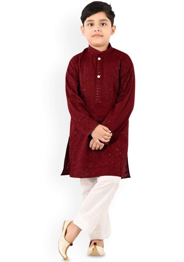 Maroon Woven Design Cotton Kurta Set For Boys - Indya