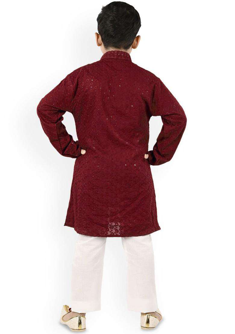 Maroon Woven Design Cotton Kurta Set For Boys - Indya