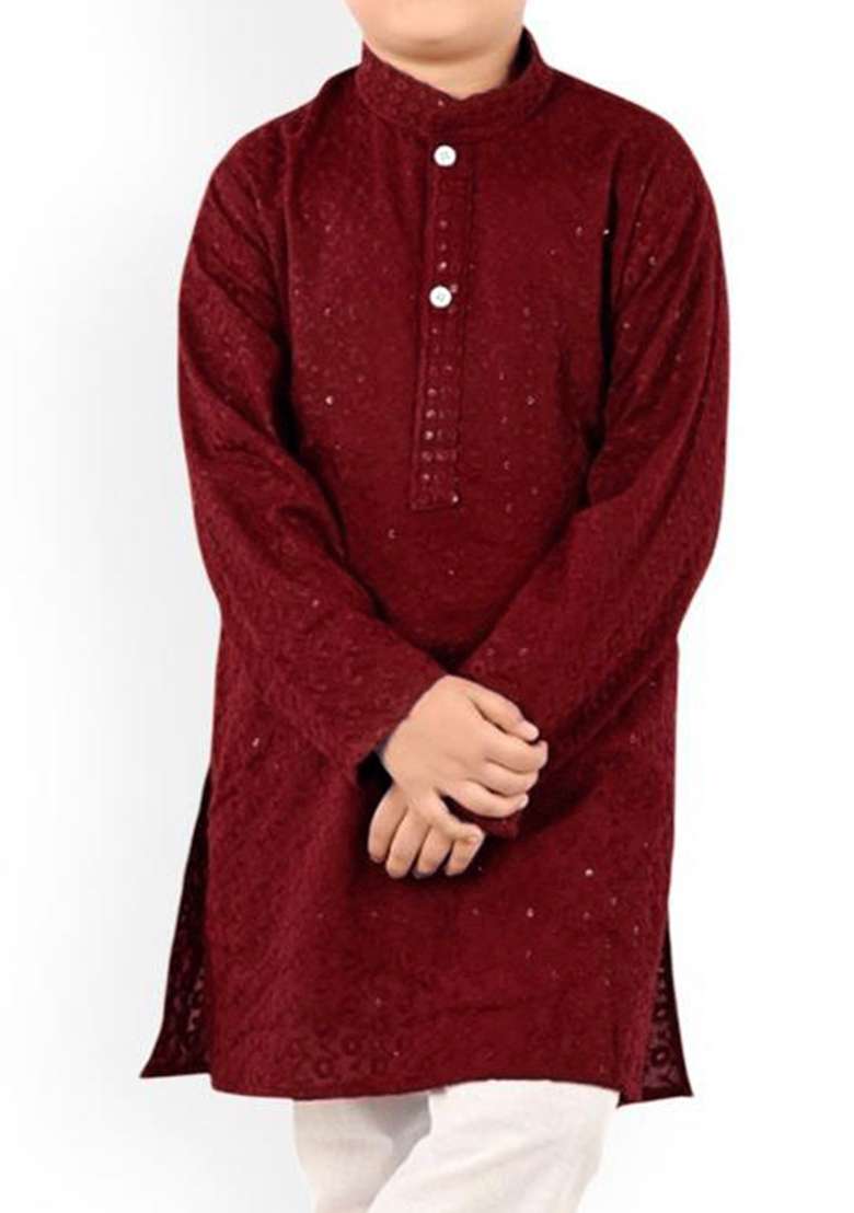 Maroon Woven Design Cotton Kurta Set For Boys - Indya