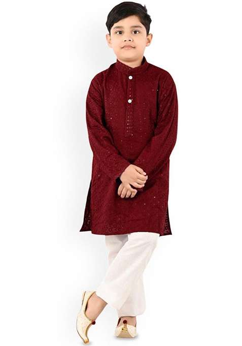 Maroon Woven Design Cotton Kurta Set For Boys