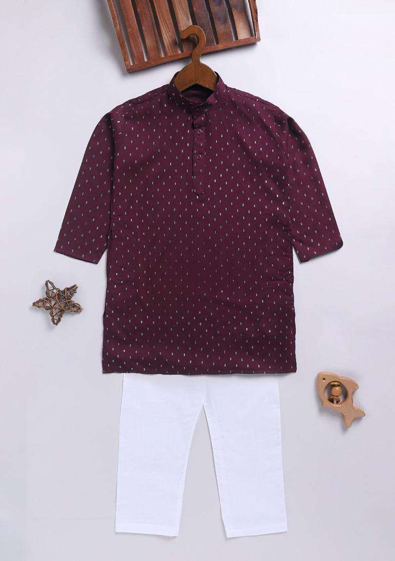 Burgundy Printed Cotton Kurta Set For Boys - Indya