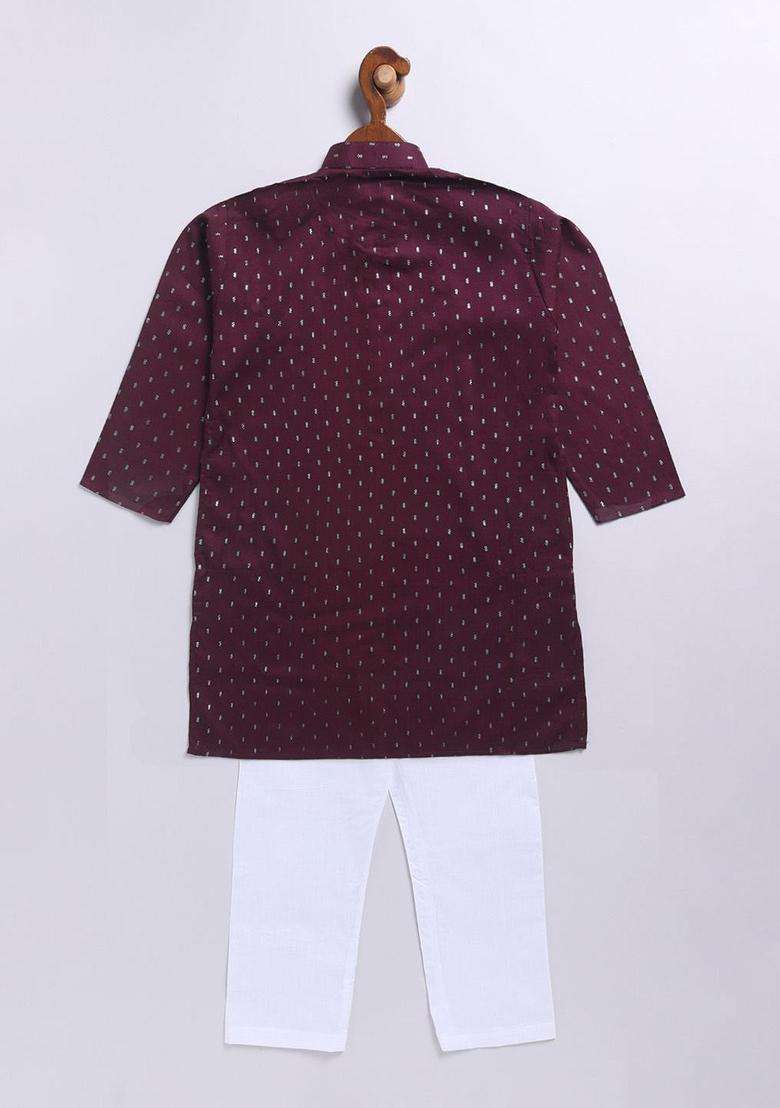Burgundy Printed Cotton Kurta Set For Boys - Indya