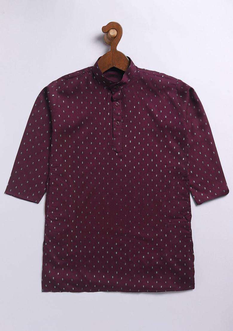 Burgundy Printed Cotton Kurta Set For Boys - Indya