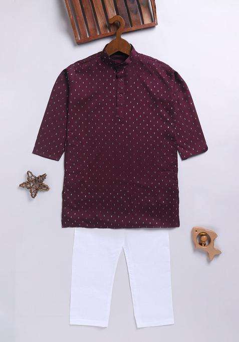 Burgundy Printed Cotton Kurta Set For Boys