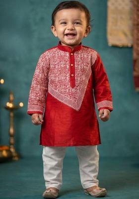 Red Embroidered Silk Kurta Set For Boys