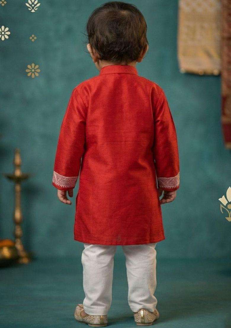 Red Embroidered Silk Kurta Set For Boys - Indya