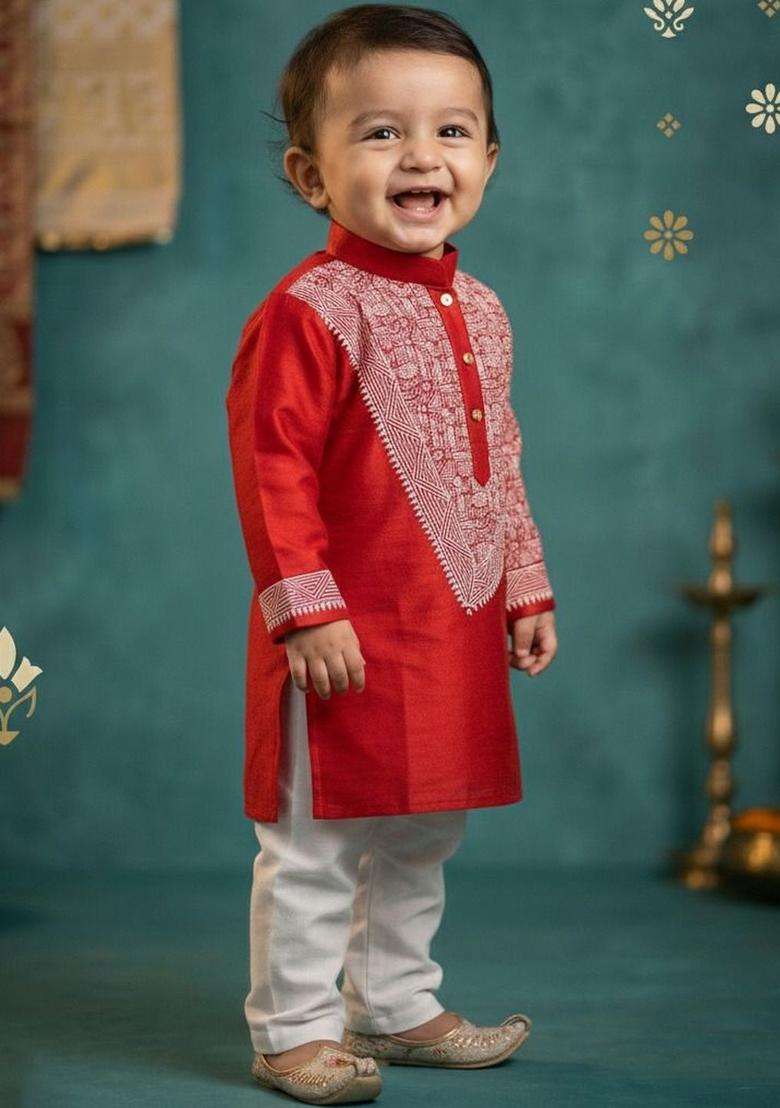 Red Embroidered Silk Kurta Set For Boys - Indya