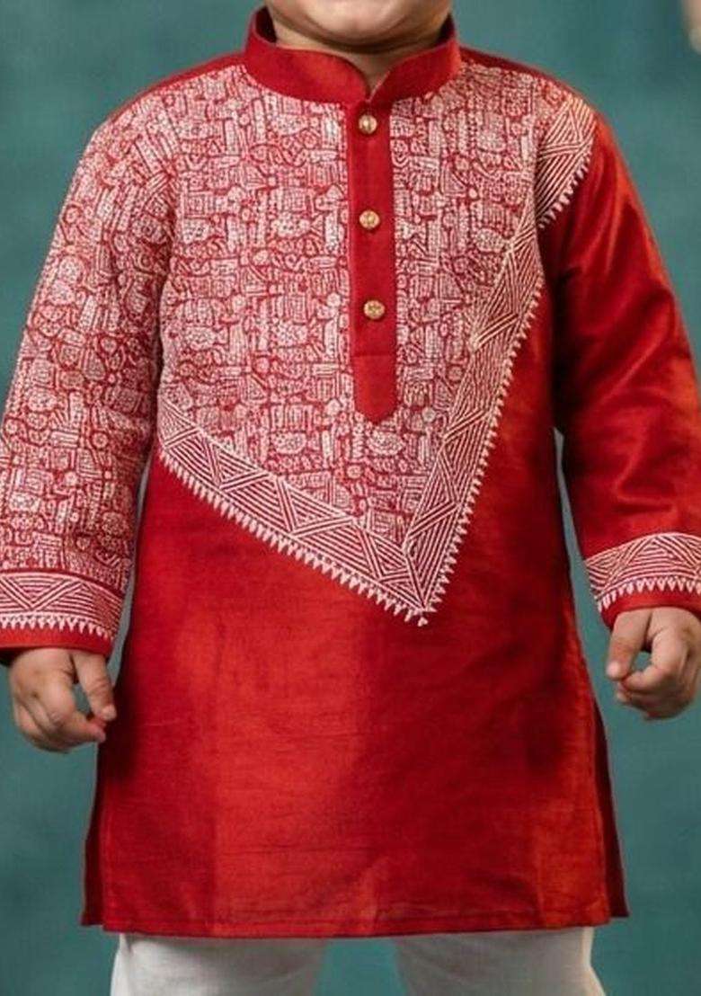 Red Embroidered Silk Kurta Set For Boys - Indya